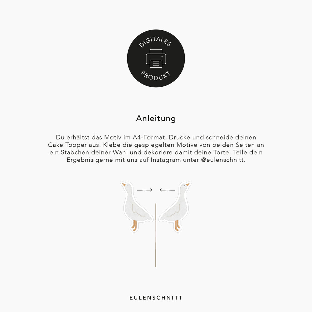Anleitung, die zeigt, wie die einzelnen Schritte aussehen, wenn man die Cake-Topper zu Hause nachbasteln möchte. Ausdrucken, ausschneiden und an ein Stäbchen eigener Wahl befestigen. Am Ende dekorieren.