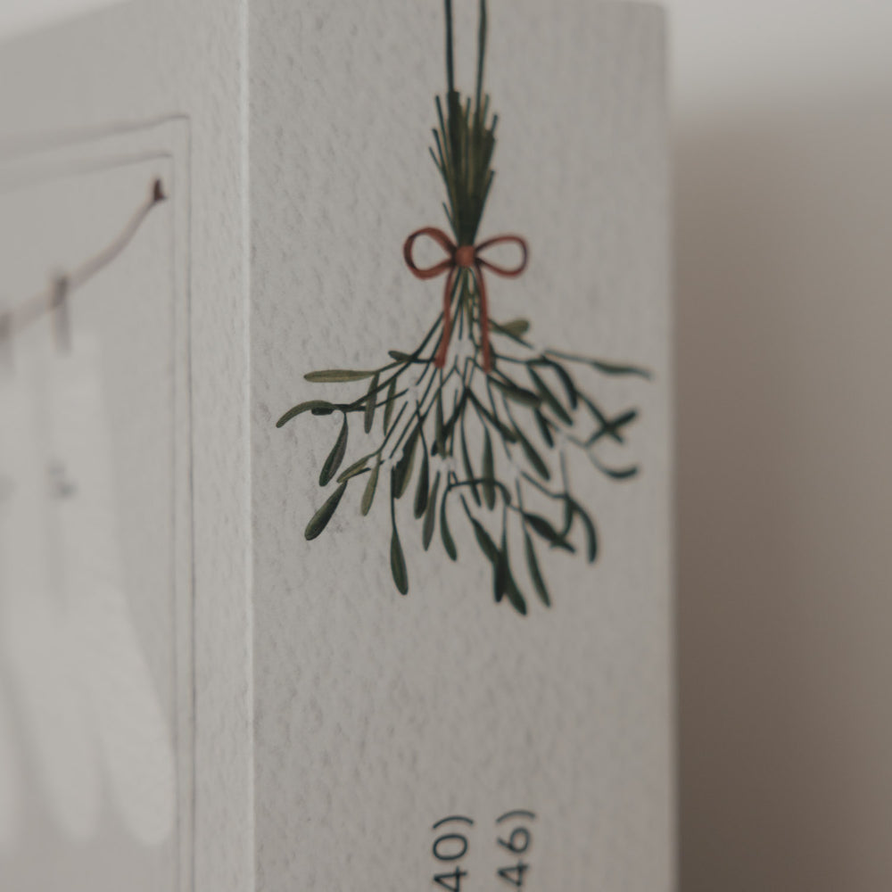 Mistelzweig-Illustration auf der Verpackung des Eulenschnitt Socken-Adventskalenders für Paare