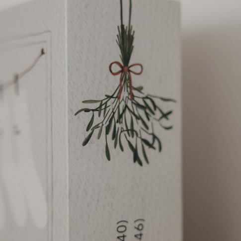 Mistelzweig-Illustration auf der Verpackung des Eulenschnitt Socken-Adventskalenders für Paare