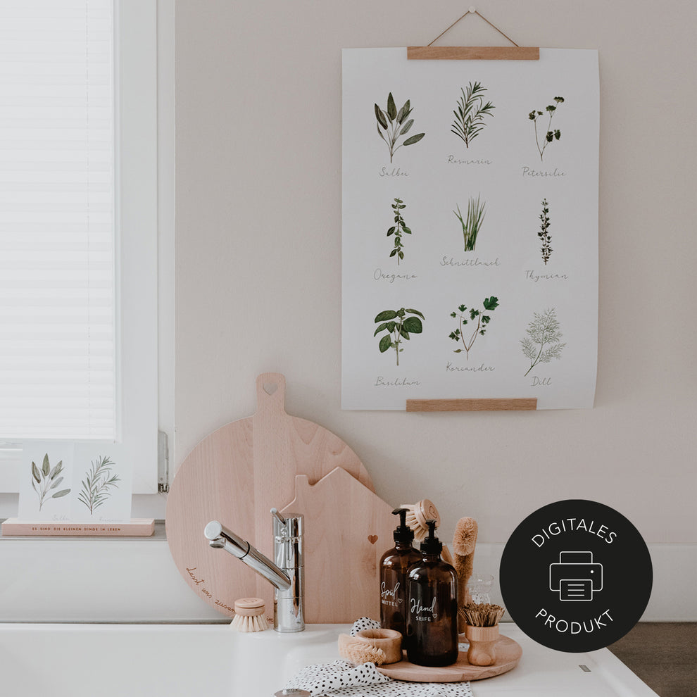 Kräuter Poster mit verschiedenen Küchenkräutern im Aquarellstil zum Download. 