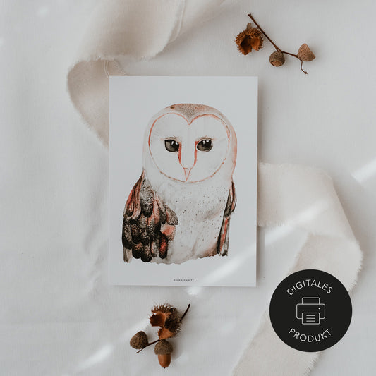 Digitales Eulenposter mit Walddeko auf Leinentuch – gekennzeichnet als digitales Produkt von Eulenschnitt.