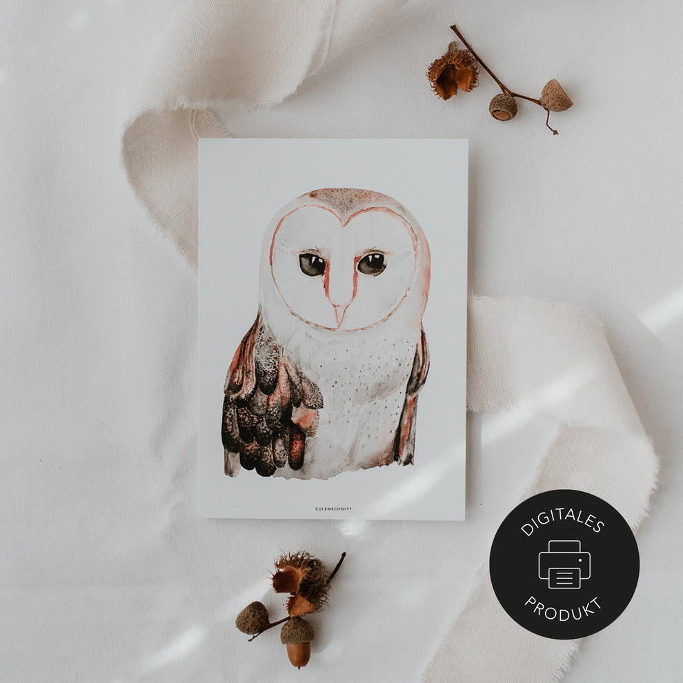 Digitales Eulenposter mit Walddeko auf Leinentuch – gekennzeichnet als digitales Produkt von Eulenschnitt.