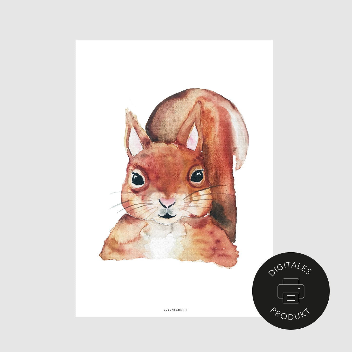 Neutrale Ansicht vom Eichhörnchen Poster im Aquarell Stil, gekennzeichnet als digitales Produkt.