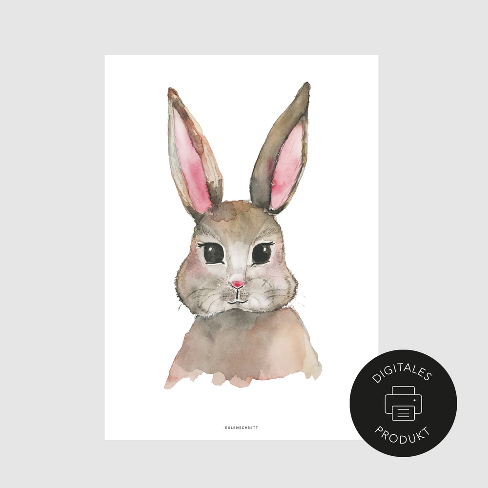 Neutrale Ansicht vom Hasen Poster im Aquarell Stil, gekennzeichnet als digitales Produkt.