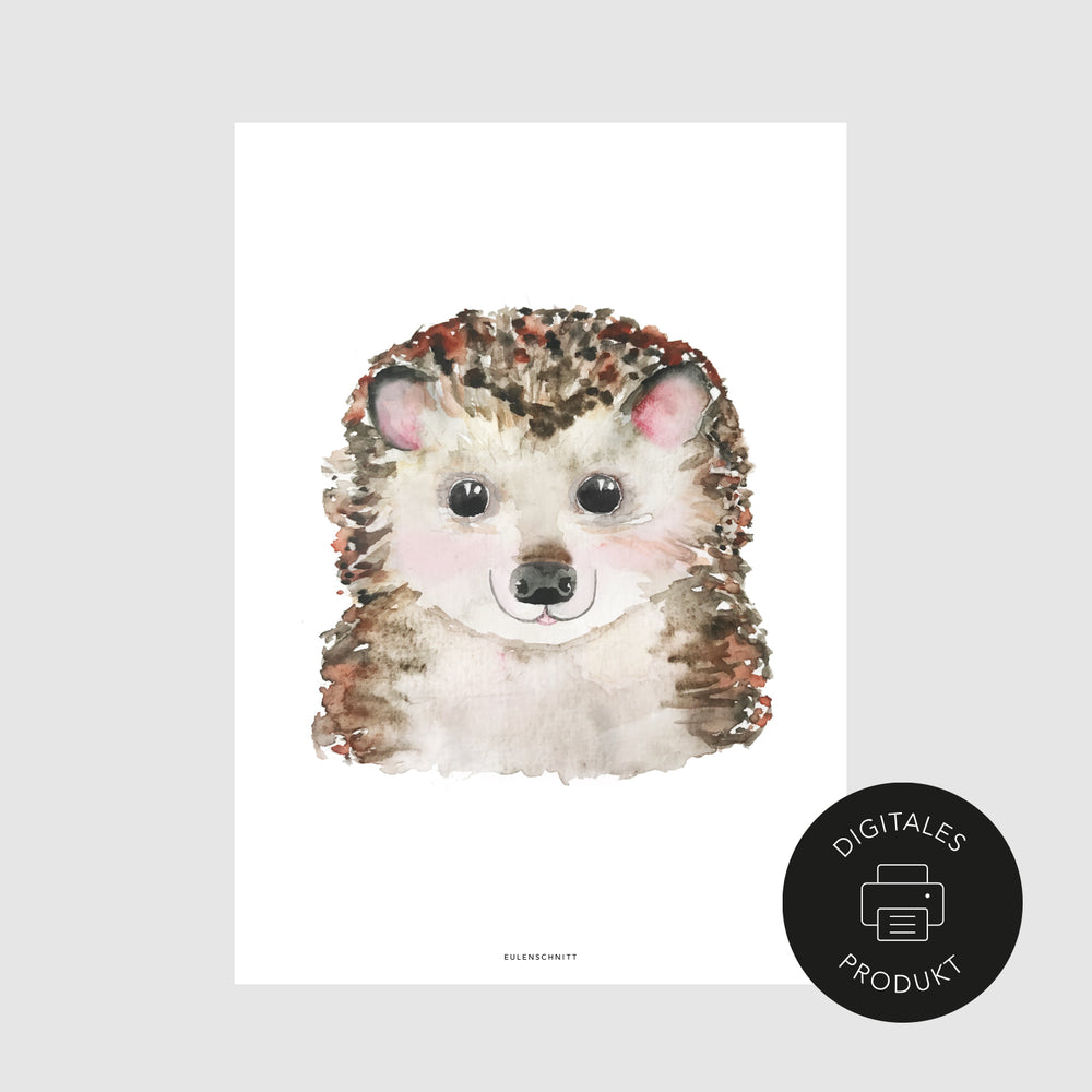 Schlichte Ansicht vom Igel Poster im Aquarell Stil, gekennzeichnet als digitales Produkt.