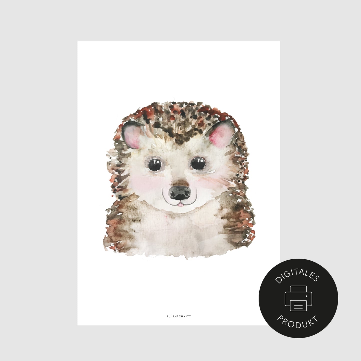Schlichte Ansicht vom Igel Poster im Aquarell Stil, gekennzeichnet als digitales Produkt.