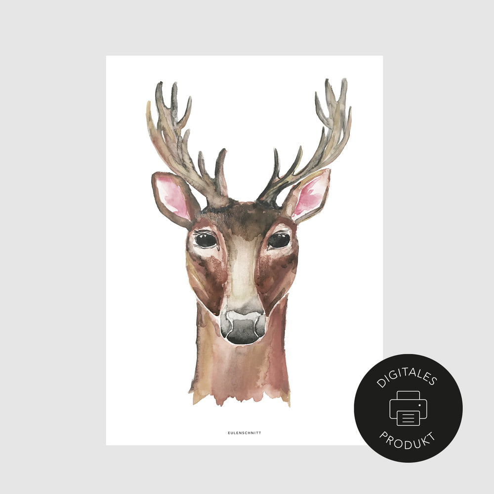 Schlichte Ansicht vom Reh Poster im Aquarell Stil, gekennzeichnet als digitales Produkt von Eulenschnitt.