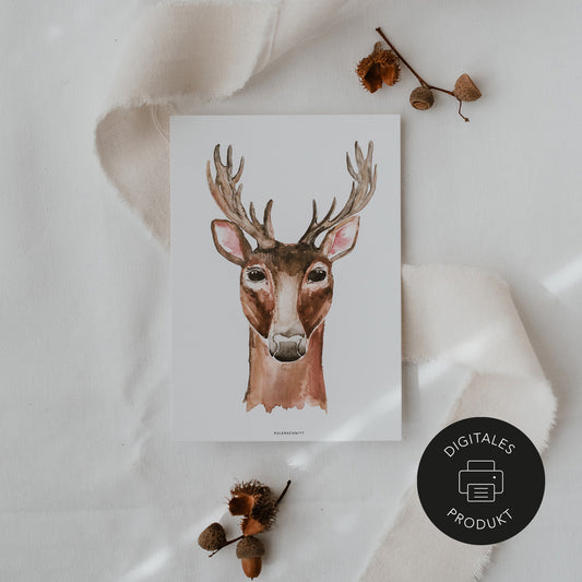 Rehposter mit Walddeko zum Downloaden inszeniert auf Leinentuch – gekennzeichnet als digitales Produkt von Eulenschnitt.