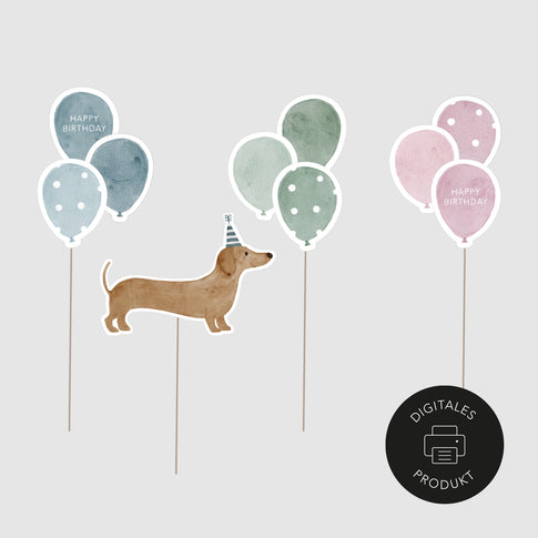 Neutrale Ansicht vom Digitalen Cake Topper "Dackel" mit Ballons – Geburtstagsdeko zum Ausdrucken für Torten, liebevoll von Eulenschnitt gestaltet.