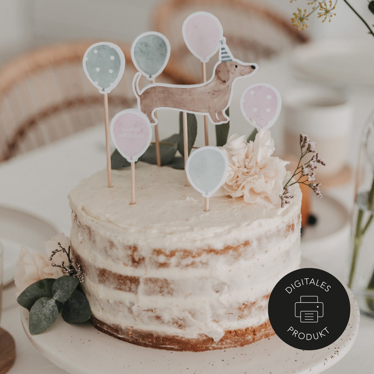 DIY Cake Topper Dackel mit Luftballons – Digitale Geburtstagsdeko zum Ausdrucken von Eulenschnitt.