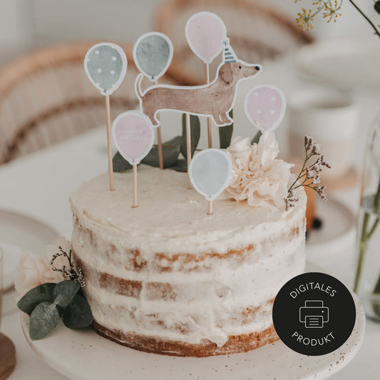 DIY Cake Topper Dackel mit Luftballons – Digitale Geburtstagsdeko zum Ausdrucken von Eulenschnitt.