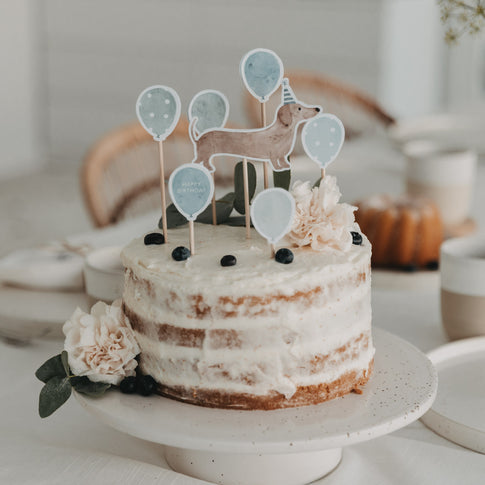 Digitaler Cake Topper Dackel mit blauen Ballons – Printable Kuchendeko für Babyparty oder Geburtstag, Eulenschnitt Design