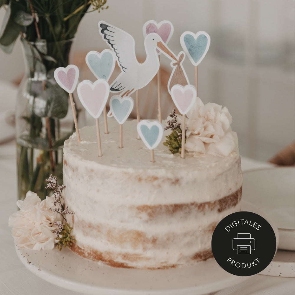 DIY Cake Topper Storch mit rosa und blauen Herzen – Digitale Geburtstagsdeko zum Ausdrucken von Eulenschnitt.