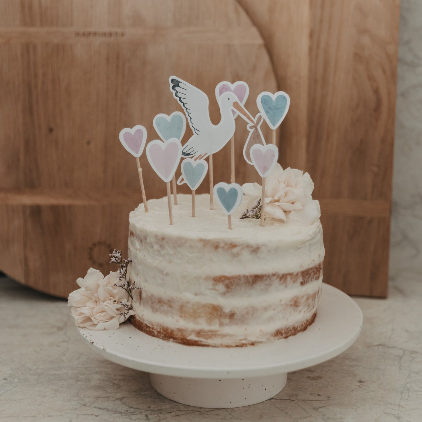 Digitaler Cake Topper Storch mit kleinen und großen Herzen – Printable Kuchendeko für Babyparty oder Baby Shower, Eulenschnitt Design