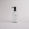 Seifenspender Glas 500ml mit schwarzem Herzprint und Pumpaufsatz – Rückseite mit Eulenschnitt-Schriftzug.