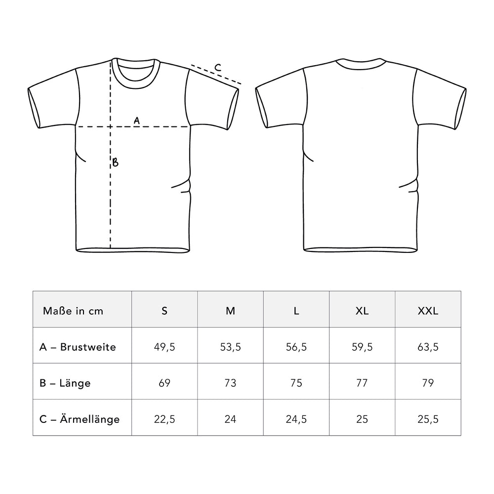 Größentabelle T-Shirt S bis XXL – Übersicht der Maße in cm für Brustweite, Länge und Ärmellänge in den Größen S bis XXL.