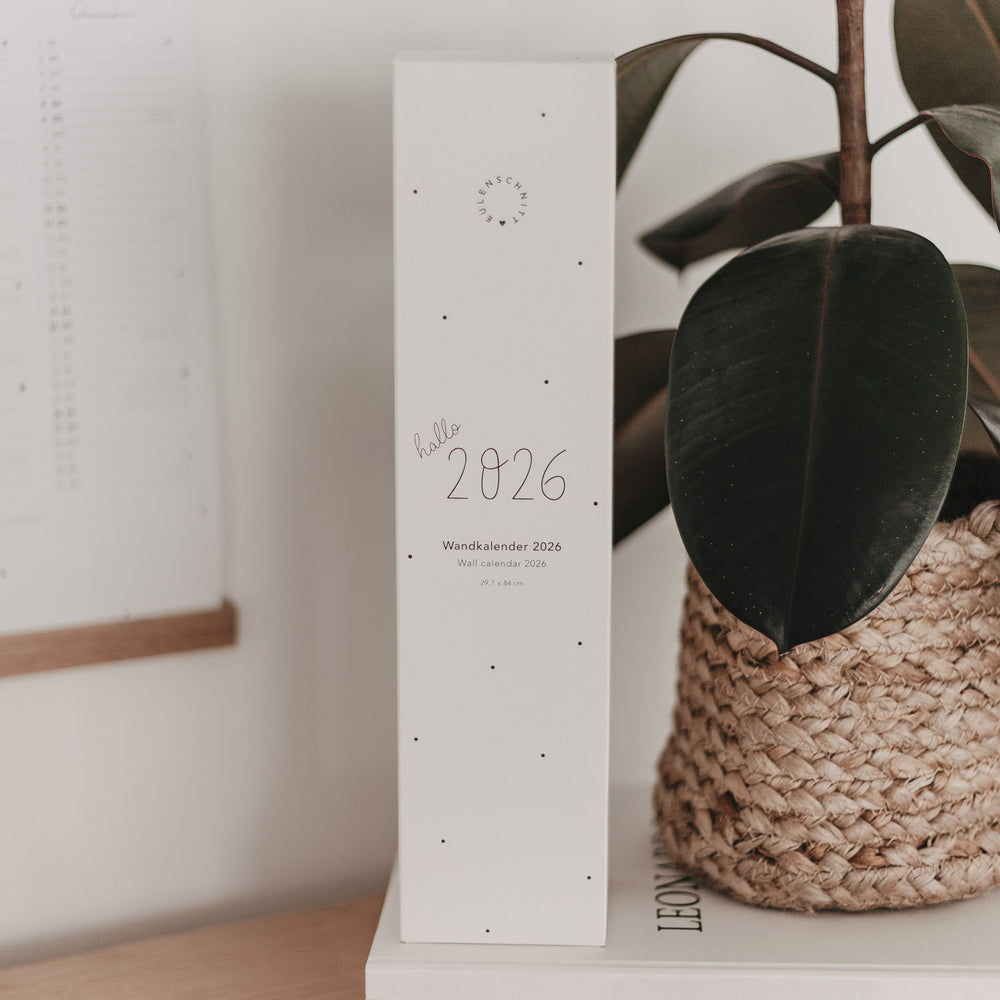 Verpackung des Wandkalenders 2026 mit Aufschrift „hallo 2026“, stehend neben Pflanze und Kalender an der Wand.
