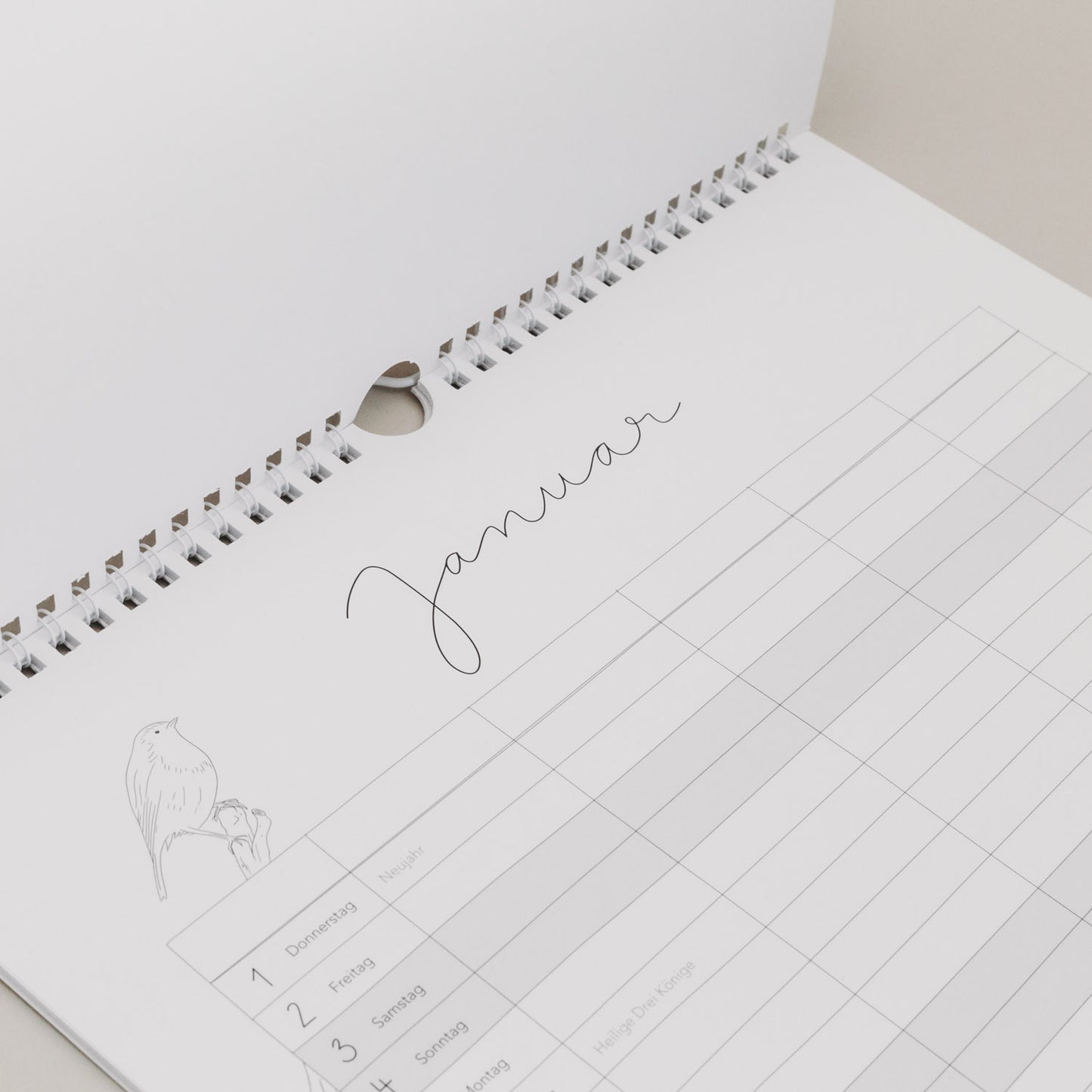 Familienkalender 2026 mit Monatsübersicht Januar, feiner Illustration und Aufhängung in Spiralbindung.