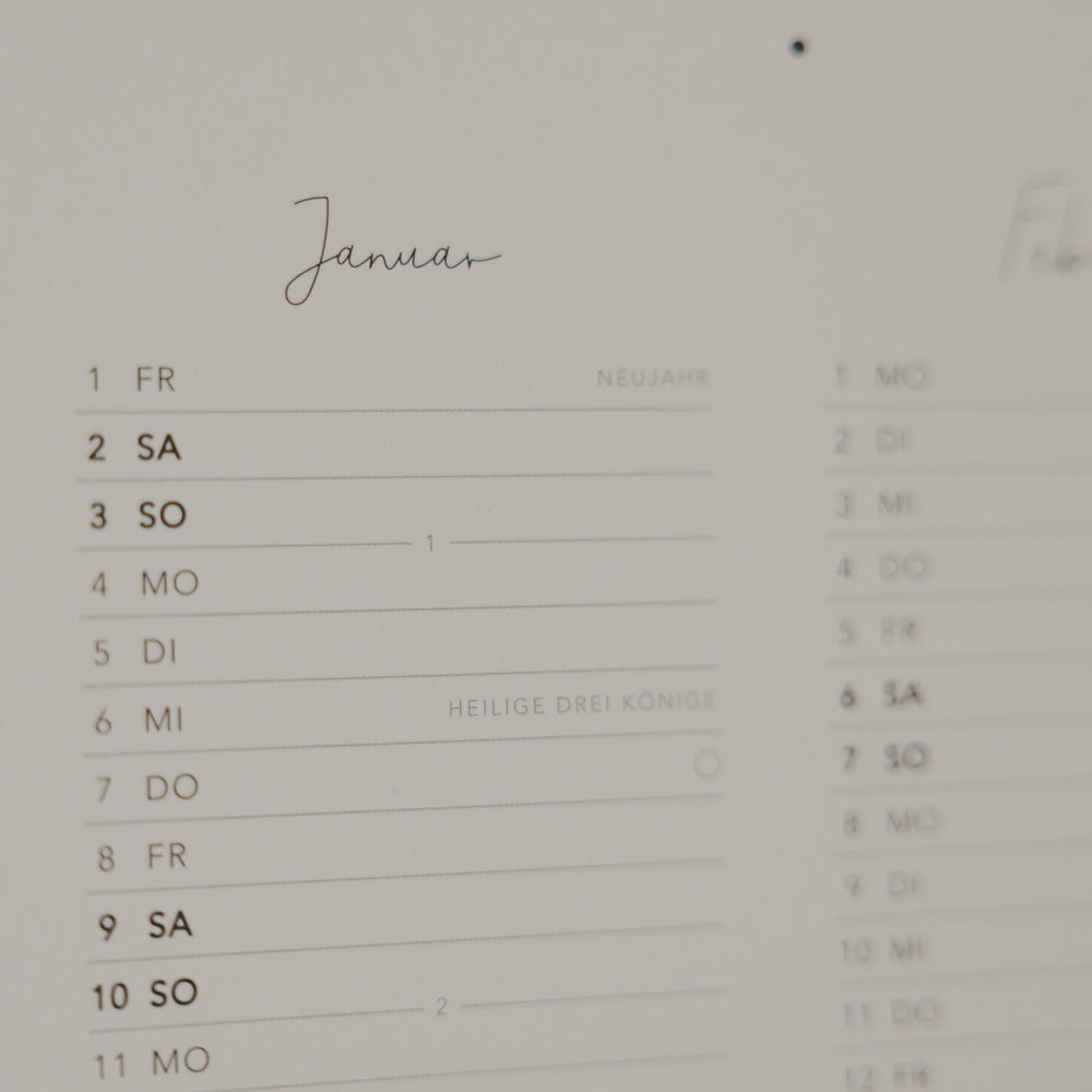 Detail Monatsübersicht Januar Wandkalender 2027 minimalistisch