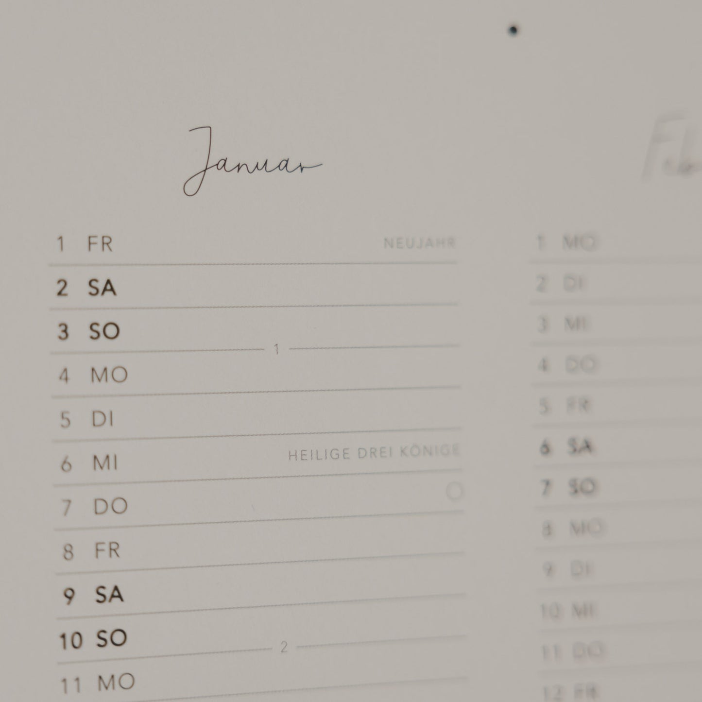 Detail Monatsübersicht Januar Wandkalender 2027 minimalistisch