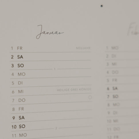 Detail Monatsübersicht Januar Wandkalender 2027 minimalistisch