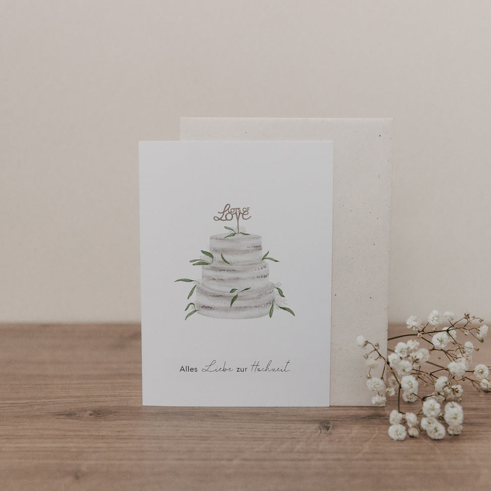 Klappkarte mit Illustration einer dreistöckigen Hochzeitstorte und dem Schriftzug 'Alles Liebe zur Hochzeit' auf hellem Hintergrund