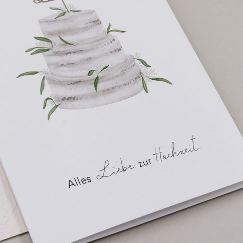 Klappkarte mit Illustration einer dreistöckigen Hochzeitstorte und dem Schriftzug 'Alles Liebe zur Hochzeit'