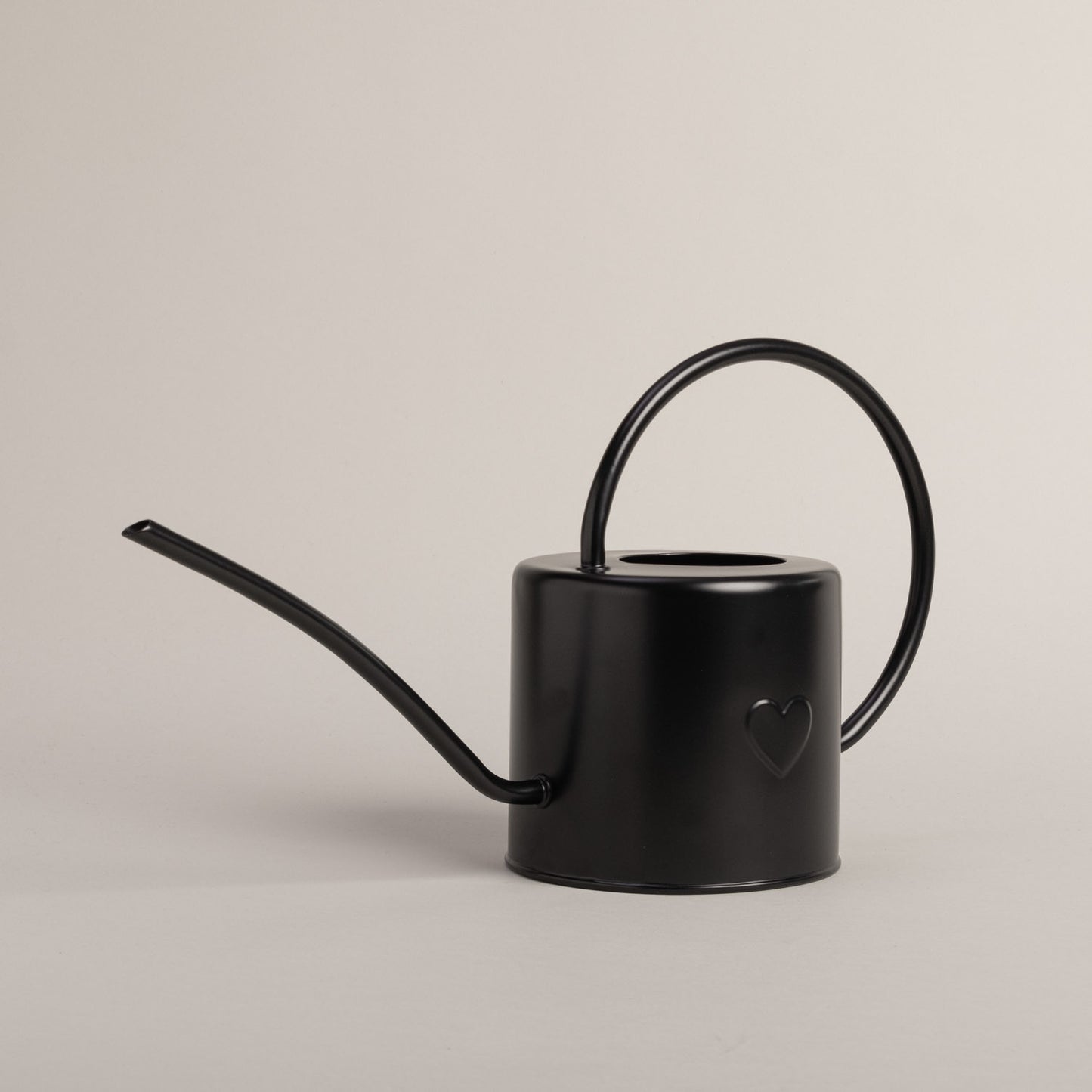 Schwarze Metallgießkanne mit rundem Henkel, seitliche Ansicht