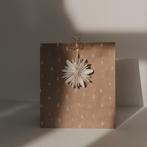 Goldener Herz-Clip befestigt einen weißen Papierstern an einer braunen Geschenktüte mit Tannenbaum-Muster.