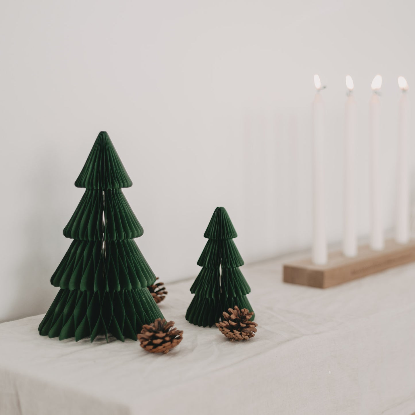 Papiertannen 2er Set Dunkelgrün auf festlicher Tafel – stilvolle Weihnachtsdeko mit Wabenstruktur und natürlichen Details.