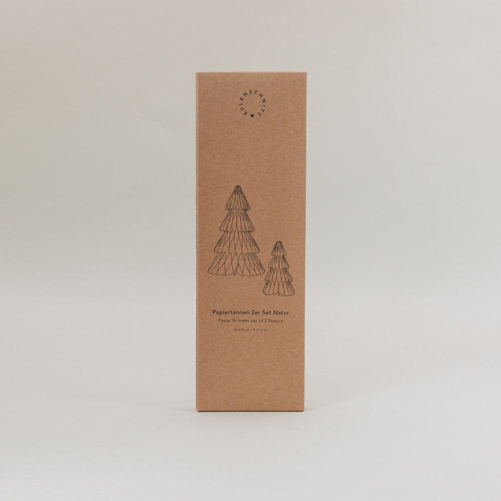 Vorderseite der Verpackung vom Papiertannen 2er Set Natur mit minimalistischer Illustration