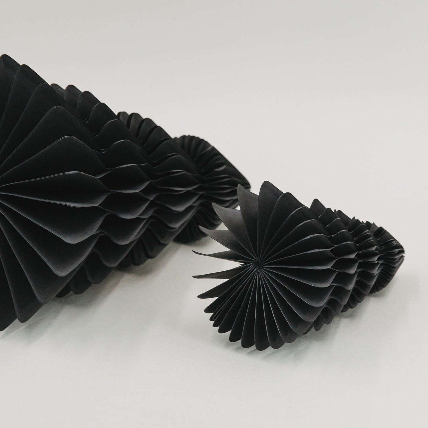 Wabenstruktur der schwarzen Papiertannen aufgefächert – modernes Design trifft Nachhaltigkeit