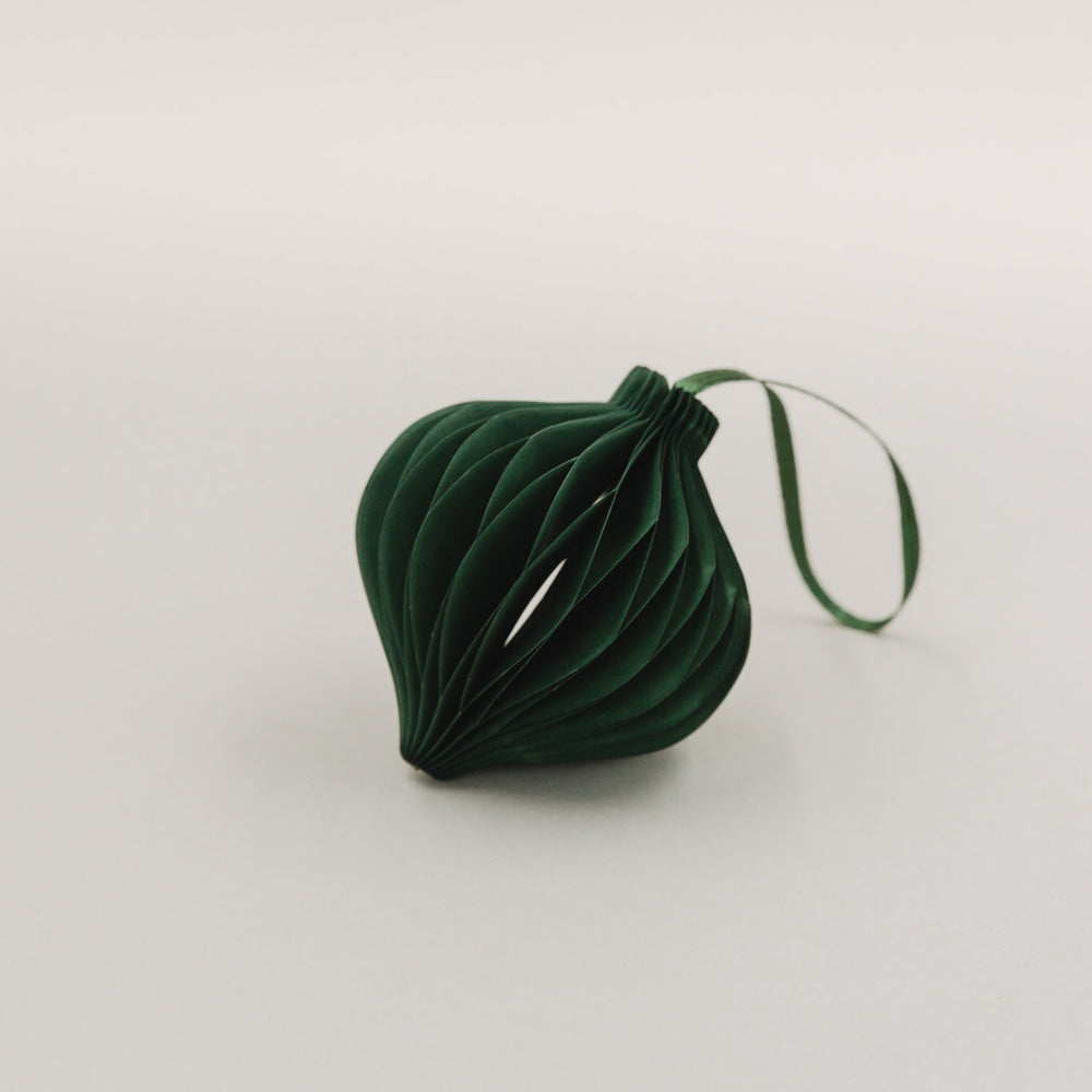 Ein einzelner dunkelgrüner Papieranhänger mit Wabenoptik und Band auf weißem Hintergrund liegend.