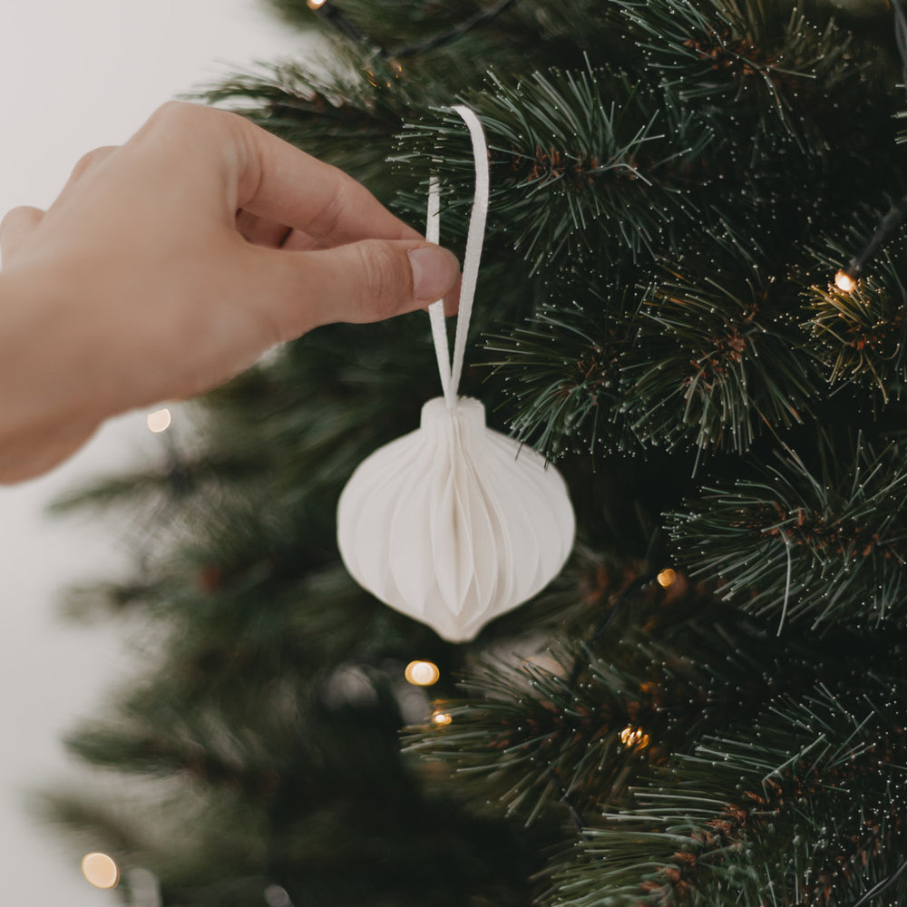 Hand hängt weißen Papieranhänger an einen Christbaumzweig – nachhaltige Dekoration im Einsatz