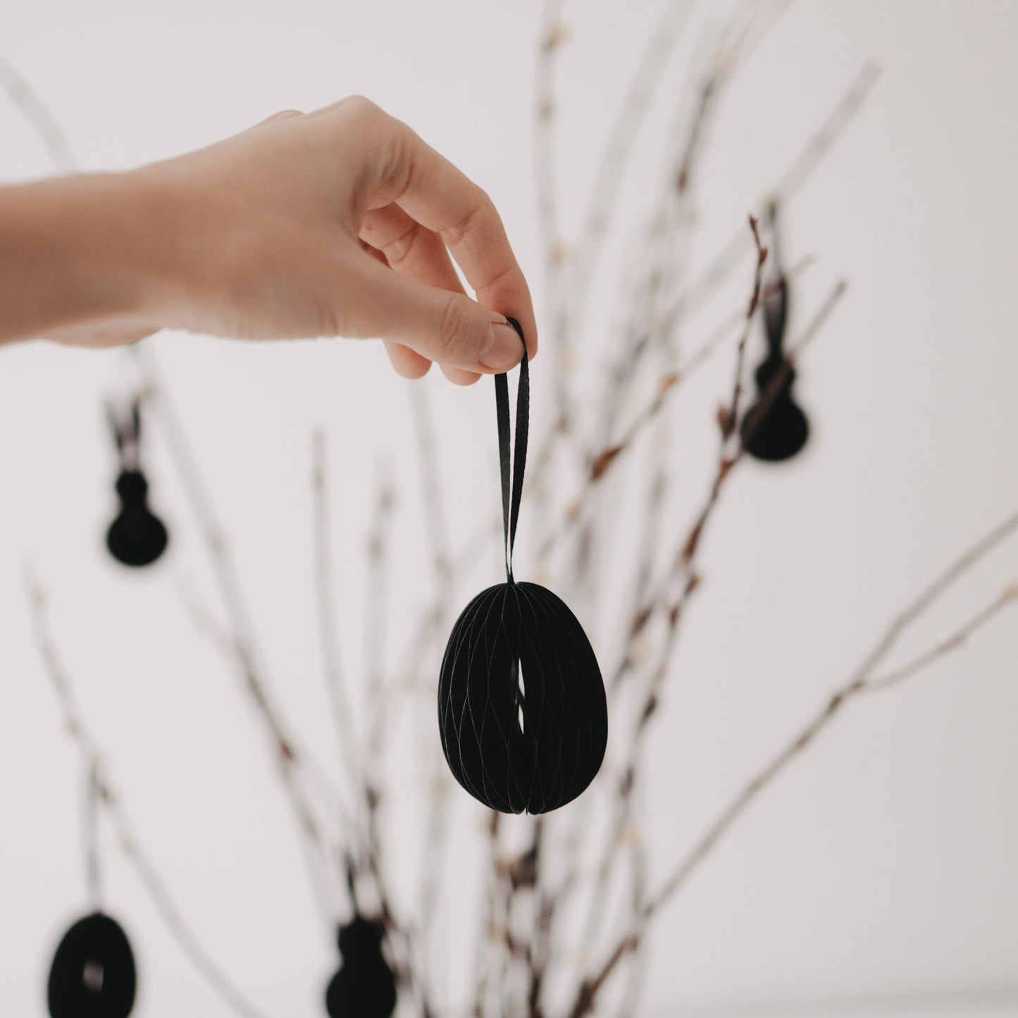 Hand hält schwarzen Papieranhänger in Eiform vor dekorierten Zweigen.