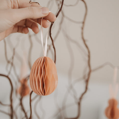 Peachfarbener Papieranhänger in Ei-Form wird an Zweig gehalten.