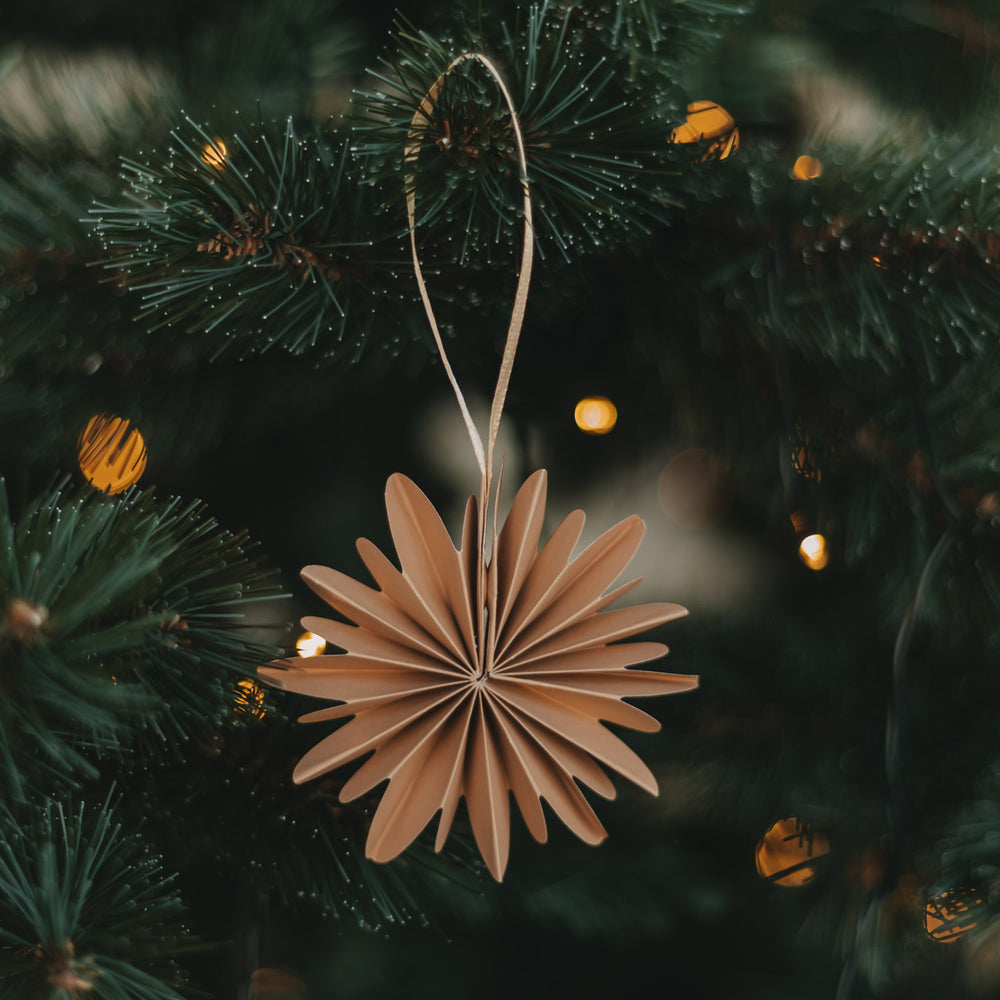 Braune Papierschneeflocke als filigraner Weihnachtsanhänger am Tannenzweig