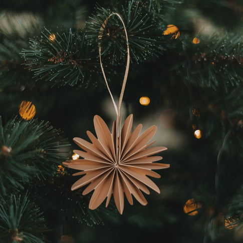 Braune Papierschneeflocke als filigraner Weihnachtsanhänger am Tannenzweig