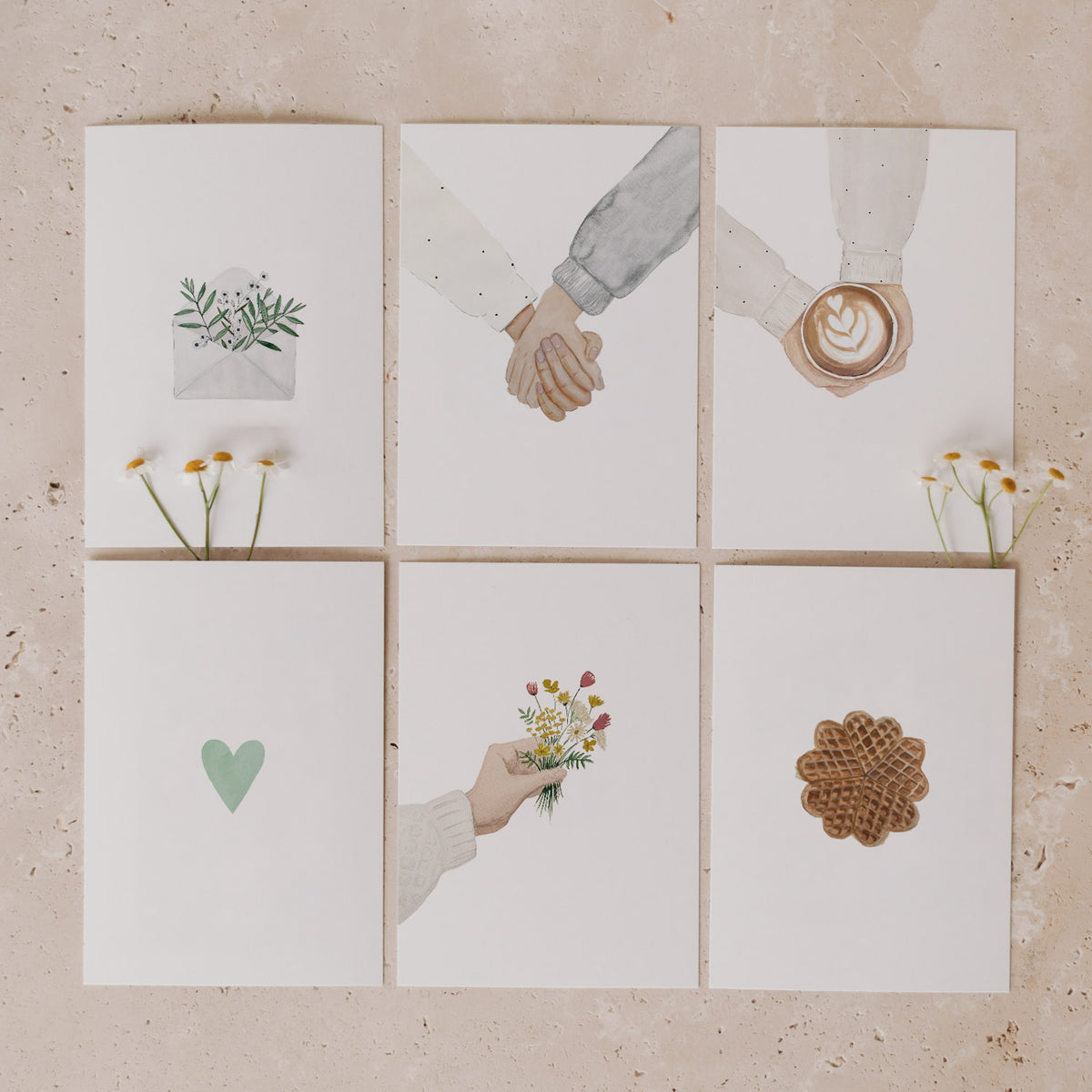 Aquarellkarten Set Thank You mit sechs liebevollen Motiven: Blumen, Händchenhalten, Kaffee, Herz und Waffel.