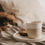 Keramikbecher „Hab einen tollen Tag“ in Beige und Weiß mit Kaffee und Gebäck auf einem Tablett
