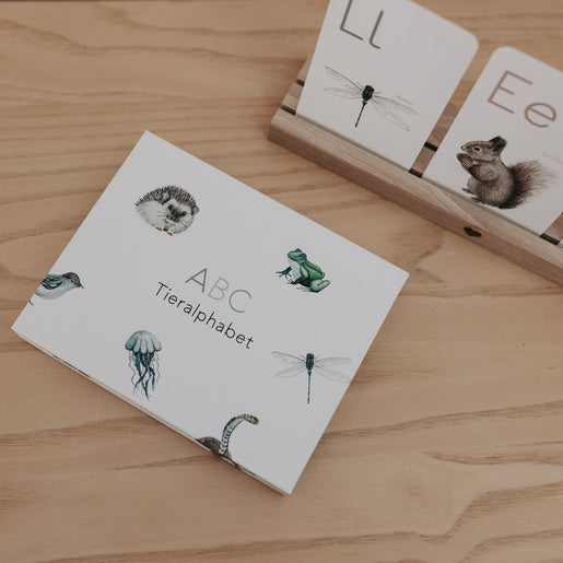 ABC Tieralphabet Box mit Tiermotiven auf hellem Holztisch.