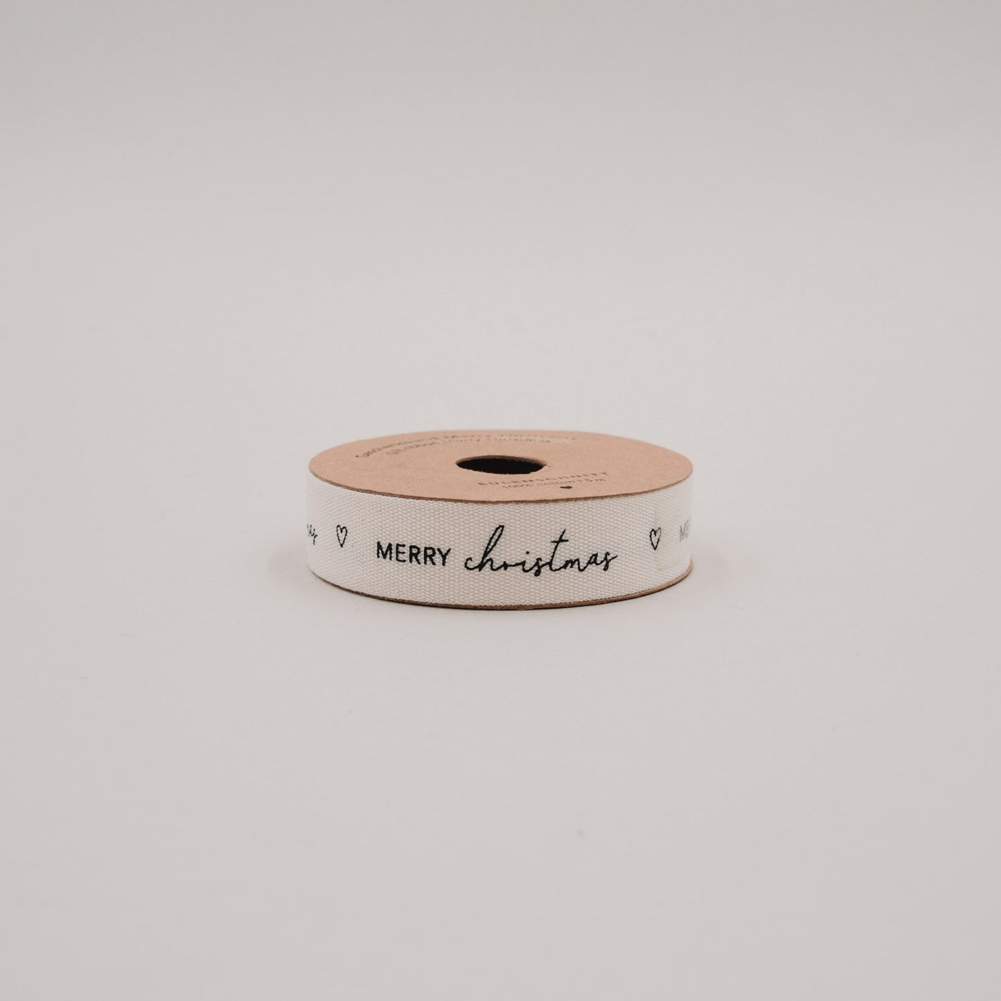Geschenkband Merry Christmas auf Rolle aus braunem Karton, 5 m Baumwollband