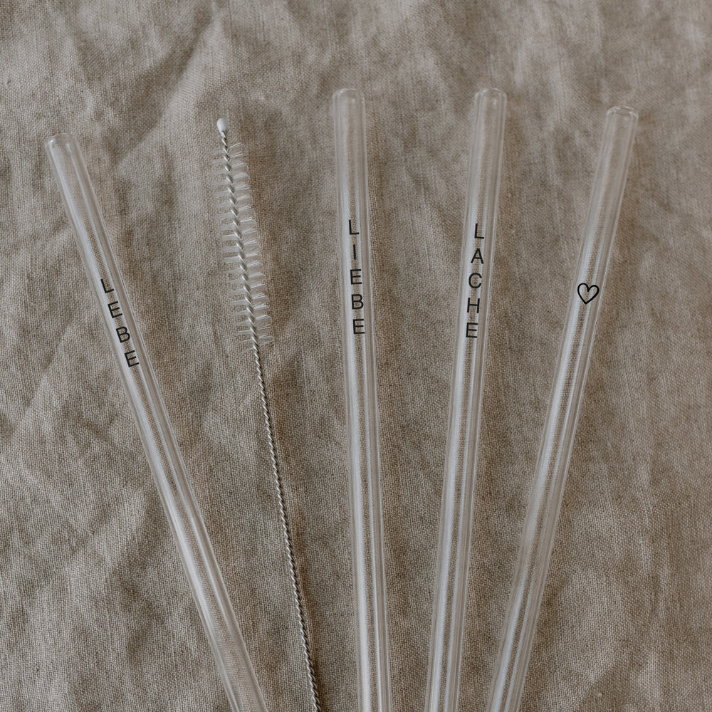 Strohhalme Lebe Liebe Lache schwarz aus Glas 20cm im 4er Set