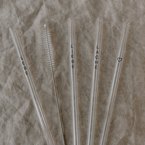 Strohhalme Lebe Liebe Lache schwarz aus Glas 20cm im 4er Set