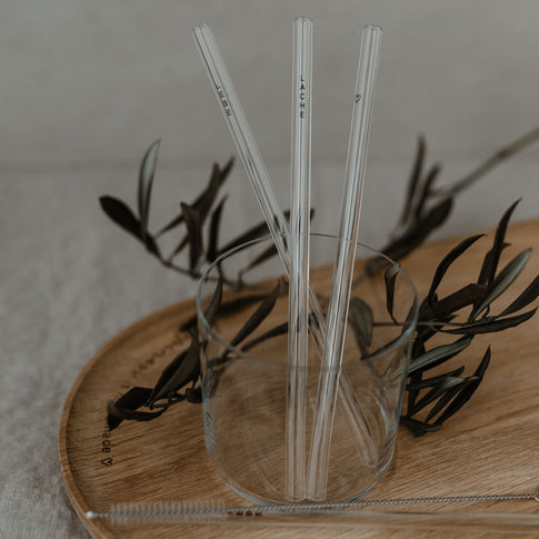 Strohhalme Lebe Liebe Lache schwarz aus Glas 20cm im 4er Set