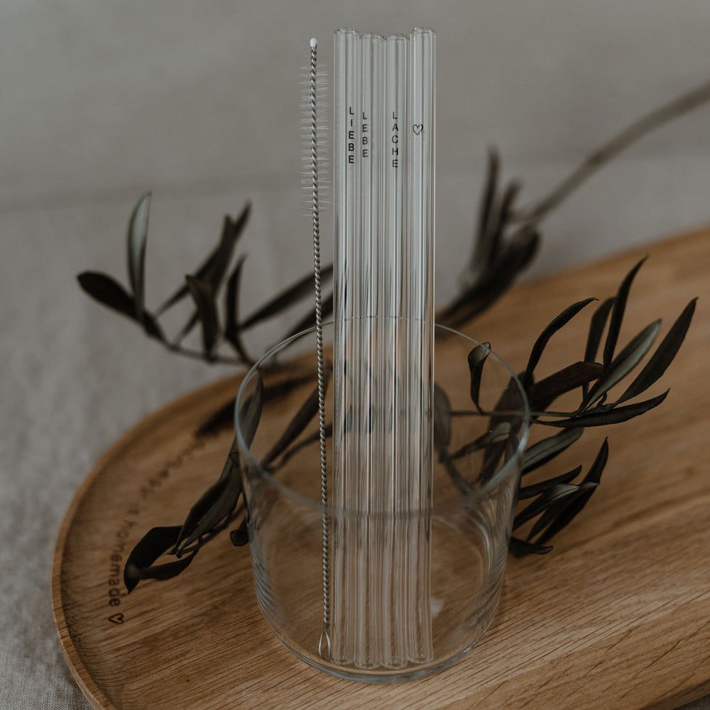 Strohhalme Lebe Liebe Lache schwarz aus Glas 20cm im 4er Set